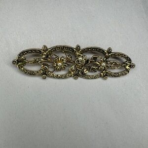 Vintage 80s Filigree Faux Pearl Gold Toned Lapel Pin Brooch‎ 3”